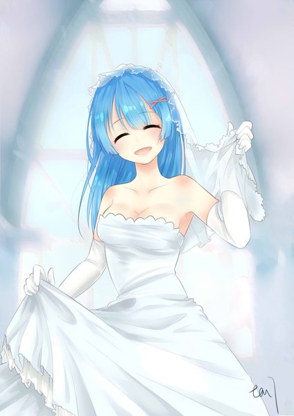 Anime picture 1240x1753 with re:zero kara hajimeru isekai seikatsu white fox rem (re:zero) red tea7 single long hair tall image blush fringe breasts open mouth smile hair between eyes standing bare shoulders holding signed blue hair cleavage indoors