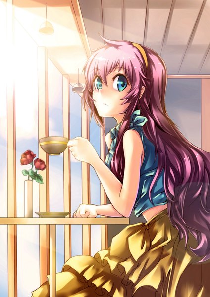 Anime picture 1414x2000 with vocaloid megurine luka single long hair tall image blush blue eyes sitting looking away pink hair sunlight girl flower (flowers) hairband rose (roses) cap vase