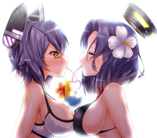 Anime picture 1138x1000 with kantai collection tenryuu light cruiser tatsuta light cruiser yuki no iori blush short hair breasts light erotic simple background large breasts white background bare shoulders multiple girls yellow eyes looking away purple hair upper body eyes closed hair flower embarrassed