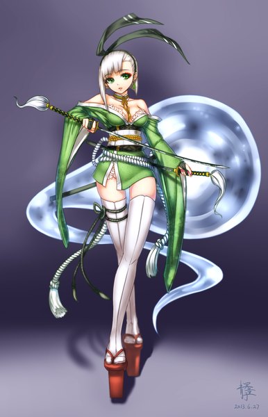 Anime picture 1159x1800 with touhou konpaku youmu myon qingmingtongzi single tall image looking at viewer blush short hair breasts light erotic bare shoulders green eyes signed cleavage silver hair long sleeves traditional clothes japanese clothes lips