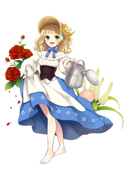 Anime picture 911x1200 with original himaya single tall image blush fringe short hair open mouth simple background blonde hair white background green eyes full body barefoot outstretched arm underbust girl flower (flowers) ribbon (ribbons) hat