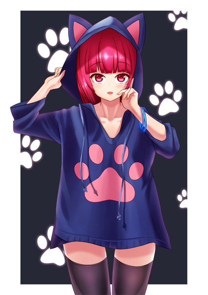 Anime picture 848x1200 with original daydream (zhdkffk21) single long hair tall image looking at viewer blush fringe open mouth simple background standing holding animal ears payot pink hair blunt bangs pink eyes light smile cat ears wide sleeves