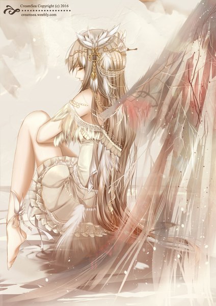Anime picture 724x1024 with original creamsea single long hair tall image blonde hair sitting eyes closed barefoot inscription girl dress hair ornament wings