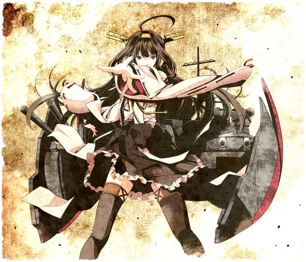 Anime picture 1500x1285 with kantai collection kongou battleship tsukumo single long hair looking at viewer brown hair ahoge traditional clothes japanese clothes grey eyes outstretched arm nontraditional miko girl skirt bow weapon miniskirt frills hairband