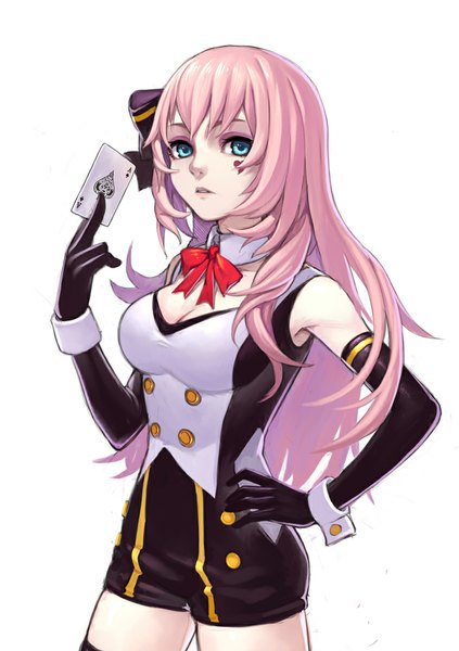 Anime picture 800x1135 with vocaloid megurine luka fkey single long hair tall image looking at viewer blue eyes simple background white background pink hair hand on hip girl gloves elbow gloves shorts bowtie wrist cuffs vest card (cards)