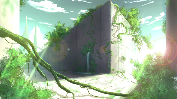 Anime picture 1920x1080 with original tsuruzen highres wide image sky cloud (clouds) no people landscape plant (plants) water building (buildings)