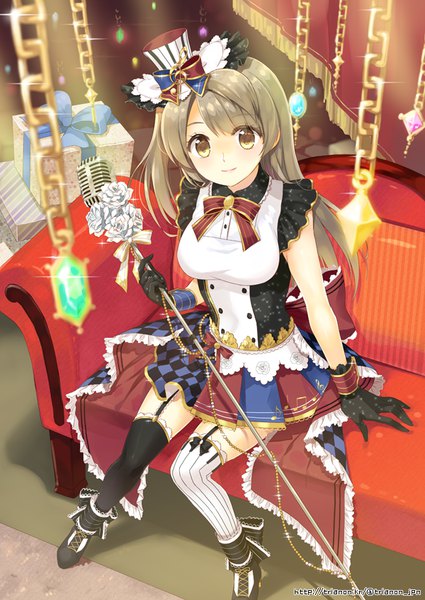 Anime picture 600x847 with love live! school idol project sunrise (studio) love live! minami kotori trianon single long hair tall image looking at viewer brown hair sitting brown eyes full body light smile arm support sparkle one side up different thighhighs treble clef girl