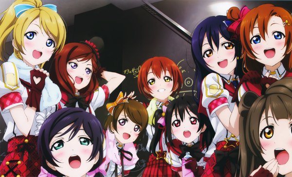 Anime picture 7415x4502 with love live! school idol project sunrise (studio) love live! nishikino maki yazawa nico toujou nozomi minami kotori ayase eli sonoda umi kousaka honoka hoshizora rin koizumi hanayo long hair looking at viewer blush highres short hair open mouth blue eyes black hair