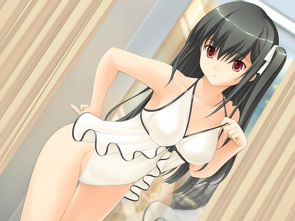 Anime picture 1024x768 with fluorite memories single long hair light erotic black hair red eyes bare shoulders game cg cleavage bare legs one side up girl ribbon (ribbons) swimsuit hair ribbon white swimsuit