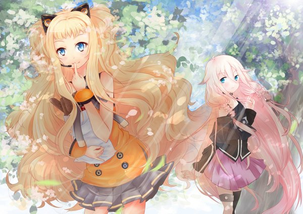 Anime picture 1696x1199 with vocaloid ia (vocaloid) seeu long hair blush blue eyes blonde hair smile multiple girls animal ears pink hair braid (braids) very long hair cat ears twin braids finger to mouth girl skirt 2 girls bracelet