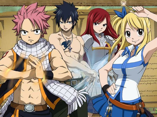 Anime picture 1024x768 with fairy tail lucy heartfilia erza scarlet natsu dragneel gray fullbuster long hair short hair black hair blonde hair smile multiple girls pink hair red hair official art one side up topless group girl boy skirt