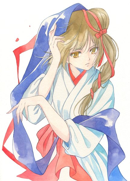 Anime picture 935x1300 with vampire princess miyu miyu (vampire princess miyu) agahari single long hair tall image simple background brown hair white background brown eyes looking away traditional clothes japanese clothes traditional media watercolor (medium) girl ribbon (ribbons) hair ribbon