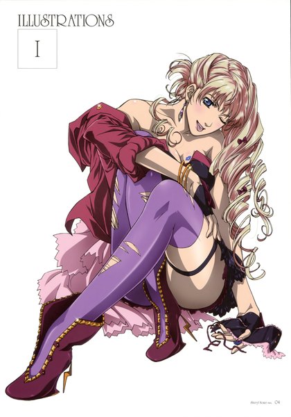 Anime picture 2953x4213 with macross macross frontier sheryl nome long hair tall image highres blue eyes simple background blonde hair white background sitting one eye closed wink drill hair :p girl thighhighs bow hair bow earrings