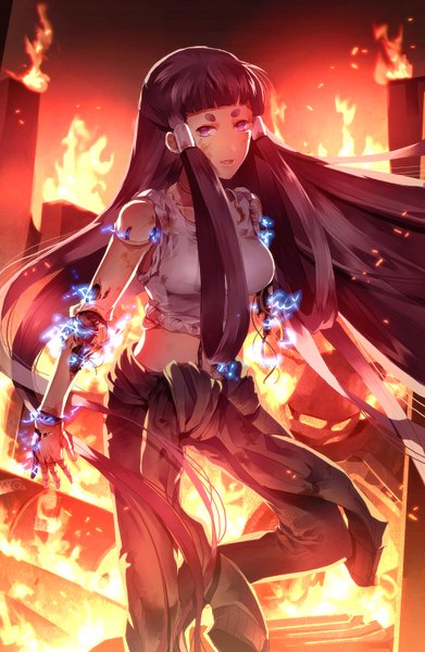 Anime picture 1050x1610 with original sunakumo single tall image open mouth black hair purple eyes very long hair girl fire android
