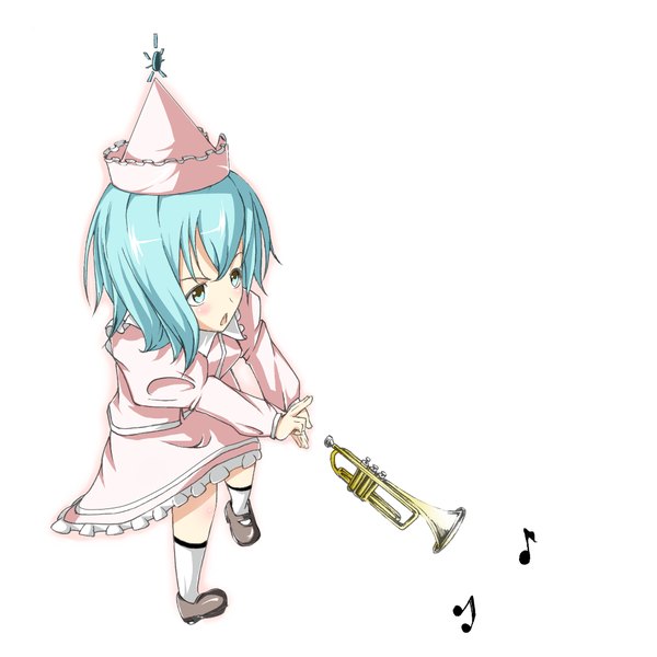 Anime picture 1000x1000 with touhou merlin prismriver sousou (sousouworks) single blush short hair open mouth blue eyes simple background white background blue hair full body girl hat socks white socks musical instrument musical note trumpet