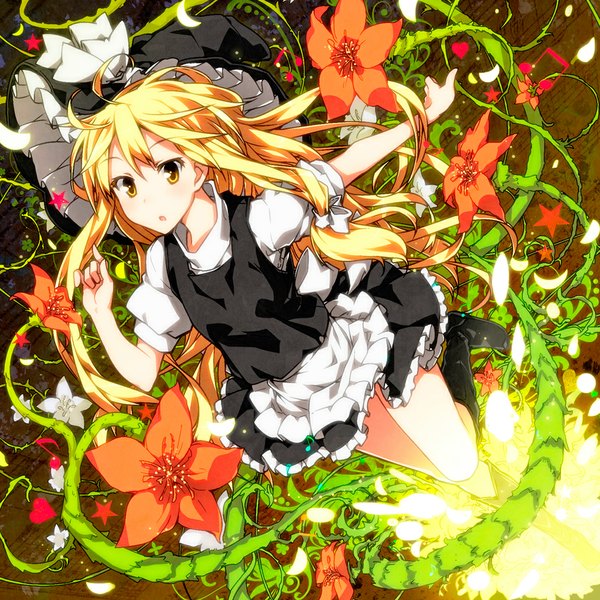 Anime picture 1023x1023 with touhou kirisame marisa sazanami mio single long hair looking at viewer blush open mouth blonde hair yellow eyes girl flower (flowers) petals heart star (symbol) witch hat musical note
