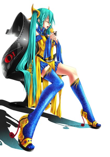 Anime picture 1024x1460 with vocaloid hatsune miku zerofrontier single long hair tall image open mouth simple background white background sitting twintails eyes closed lips aqua hair shadow girl thighhighs dress