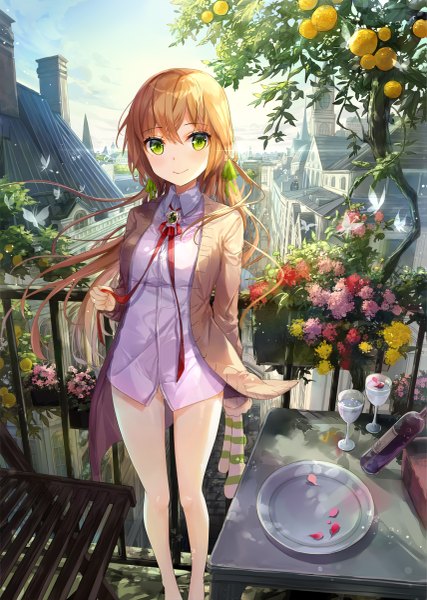 Anime picture 855x1200 with original fuumi (radial engine) single long hair tall image looking at viewer light erotic blonde hair smile green eyes girl flower (flowers) shirt petals