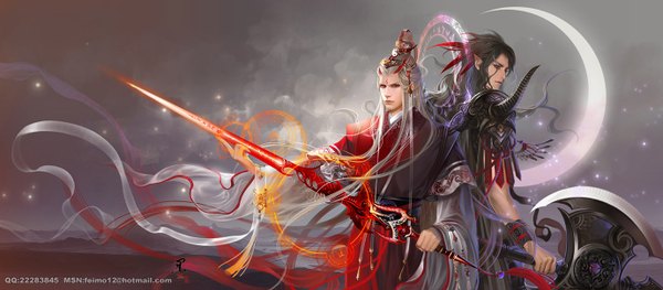 Anime picture 1378x606 with feimo long hair blue eyes black hair red eyes wide image signed silver hair traditional clothes pointy ears realistic magic back to back crescent boy hair ornament weapon sword armor axe