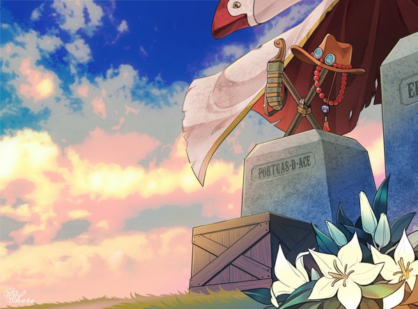 Anime picture 827x612 with one piece toei animation heri (azame) signed sky cloud (clouds) wind no people flower (flowers) hat cloak knife lily (flower) cemetery