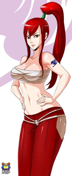 Anime picture 495x1200 with fairy tail erza scarlet kyoffie12 single long hair tall image breasts light erotic red eyes large breasts ponytail red hair light smile lips bare belly midriff tattoo hand on hip girl navel