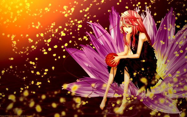 Anime picture 2560x1600 with guilty crown production i.g yuzuriha inori single long hair highres open mouth wide image bare shoulders brown eyes pink hair barefoot girl dress black dress