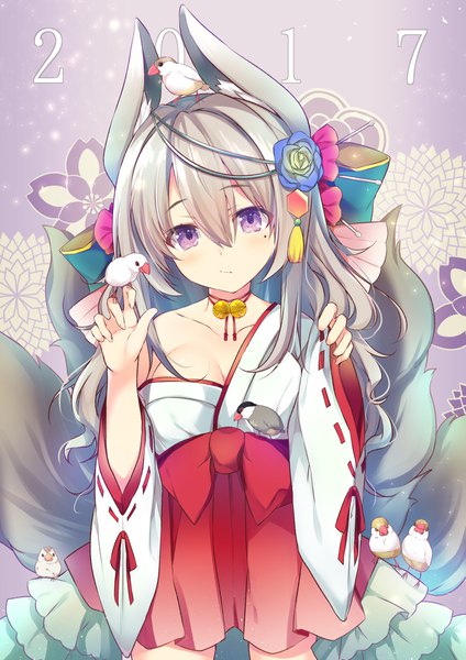 Anime picture 1447x2047 with original kaniya shiku single long hair tall image fringe breasts light erotic simple background hair between eyes standing purple eyes holding animal ears payot tail long sleeves traditional clothes head tilt japanese clothes