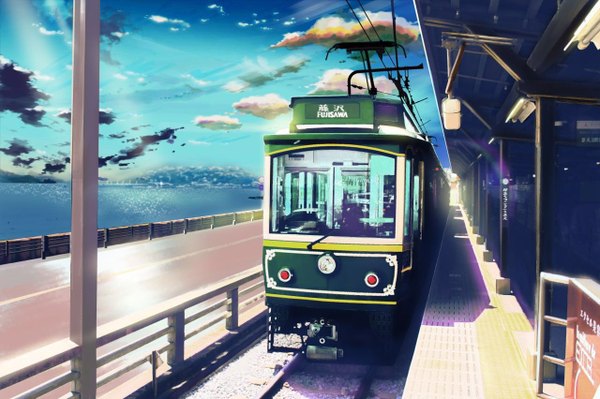 Anime picture 1280x852 with original hidarikiki no manju sky cloud (clouds) outdoors sunlight shadow horizon no people landscape sunbeam scenic seaside sea train station railroad tracks