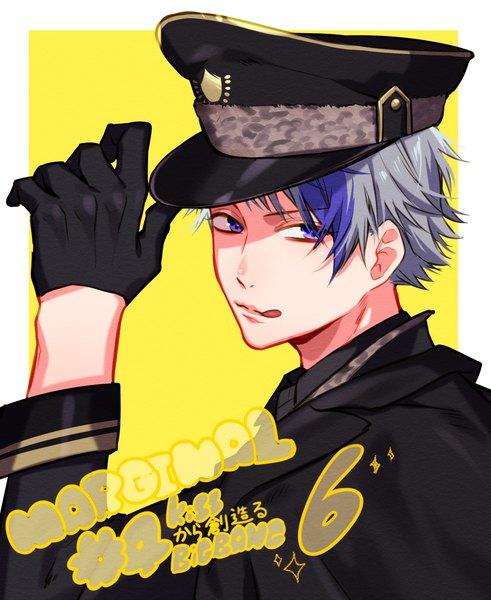 Anime picture 1264x1544 with marginal #4 himuro kira artwele single tall image short hair simple background purple eyes purple hair multicolored hair grey hair two-tone hair streaked hair copyright name border portrait yellow background adjusting hat boy gloves