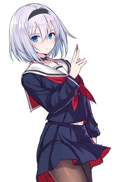 Anime picture 805x1280 with ryuuou no oshigoto! sora ginko hiraga matsuri single tall image looking at viewer blush fringe short hair blue eyes simple background hair between eyes standing white background holding silver hair long sleeves pleated skirt girl skirt