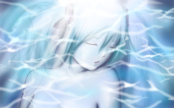 Anime picture 2880x1800 with vocaloid hatsune miku mi-ca (artist) single long hair highres open mouth light erotic wide image bare shoulders eyes closed aqua hair sleeping girl headphones