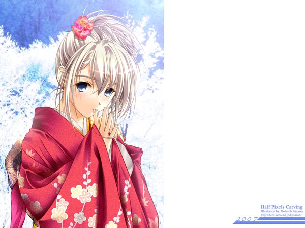 Anime picture 1600x1200 with aizawa kotarou highres blue eyes japanese clothes hair flower new year 2007 hair ornament flower (flowers) kimono