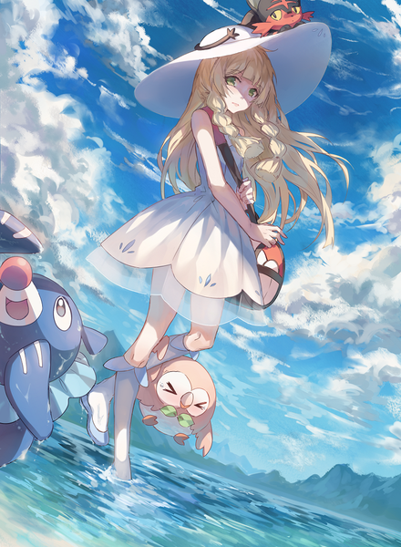 Anime picture 800x1090 with pokemon pokemon sm nintendo lillie (pokemon) rowlet litten popplio kane (kanekiru) single long hair tall image looking at viewer fringe blonde hair standing bare shoulders holding green eyes looking away sky