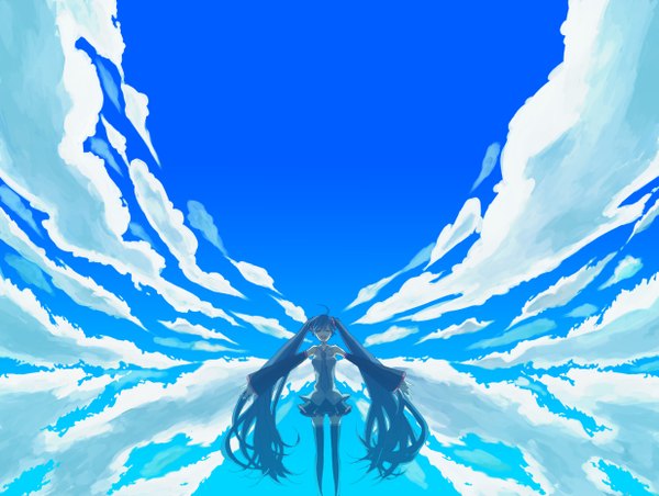 Anime picture 2467x1860 with vocaloid hatsune miku gomi chiri single highres open mouth twintails blue hair sky cloud (clouds) ahoge eyes closed very long hair zettai ryouiki spread arms girl thighhighs detached sleeves