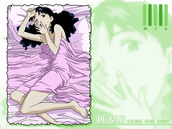 Anime picture 1024x768 with lunar lunar: the silver star mia ausa kubooka toshiyuki single long hair looking at viewer open mouth light erotic black hair signed full body lying one eye closed official art wallpaper copyright name on side curly hair under covers
