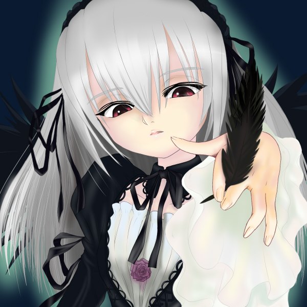 Anime picture 1200x1200 with rozen maiden suigintou ishikkoro long hair red eyes white hair girl dress headdress feather (feathers)