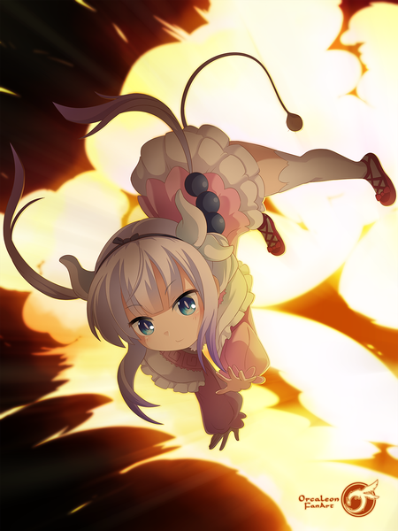 Anime picture 1500x2000 with kobayashi-san chi no maidragon kyoto animation kanna kamui biodragon single long hair tall image blush blue eyes white background twintails horn (horns) low twintails upside down dragon girl explosion girl hair ornament shoes frills