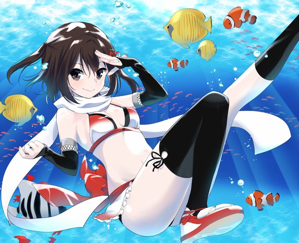 Anime picture 1000x814 with kantai collection sendai light cruiser ica single looking at viewer blush fringe short hair smile hair between eyes brown hair brown eyes bent knee (knees) sunlight two side up partially submerged salute remodel (kantai collection) adapted costume girl