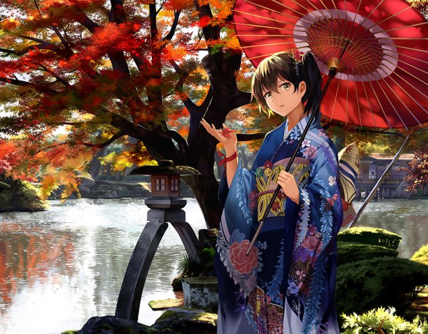 Anime picture 1250x979 with kantai collection kaga aircraft carrier neko (yanshoujie) single looking at viewer short hair black hair brown eyes traditional clothes japanese clothes floral print girl hair ornament plant (plants) tree (trees) kimono umbrella oriental umbrella