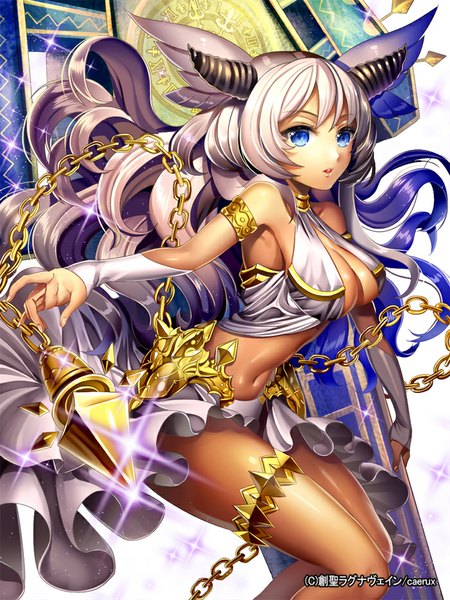 Anime picture 700x933 with sousei ragnavein (game) ells (ellsat) single long hair tall image fringe open mouth blue eyes light erotic hair between eyes silver hair horn (horns) bare belly armpit (armpits) light girl navel chain clock gold