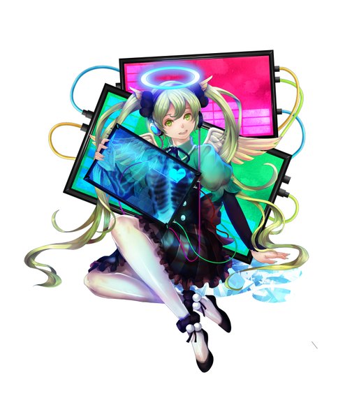 Anime picture 3000x3500 with vocaloid hatsune miku doreen single tall image looking at viewer highres open mouth white background twintails green eyes very long hair green hair girl dress hair ornament pantyhose wings halo wire (wires)