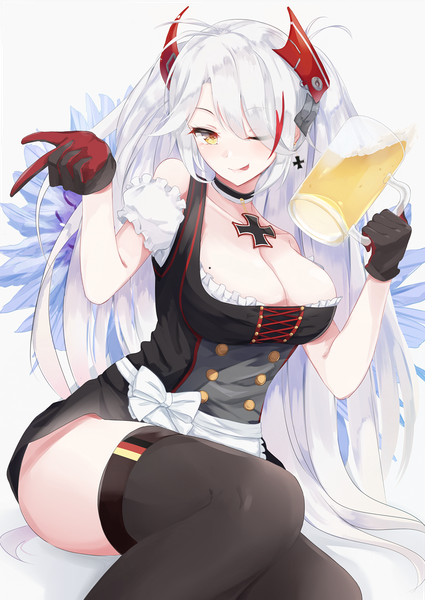 Anime picture 1002x1416 with azur lane prinz eugen (azur lane) igayan single long hair tall image looking at viewer blush fringe breasts light erotic simple background hair between eyes large breasts white background sitting holding brown eyes cleavage silver hair