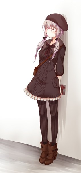 Anime picture 472x1000 with vocaloid yuzuki yukari kogaran single long hair tall image fringe standing twintails looking away pink hair pink eyes low twintails hands behind back girl pantyhose bag beret gift wall