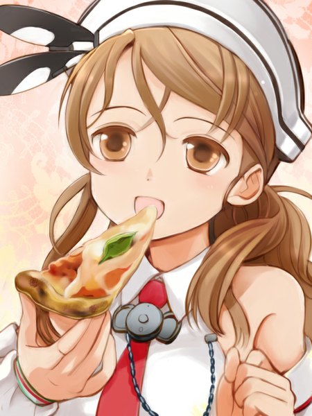 Anime picture 600x800 with kantai collection littorio (kantai collection) primary stage single long hair tall image blush open mouth brown hair bare shoulders brown eyes looking up eating girl hat detached sleeves food pizza