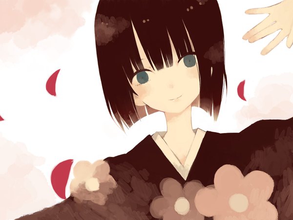 Anime picture 1600x1200 with original mitsuki mouse highres short hair black hair smile green eyes head tilt japanese clothes cherry blossoms bob cut flower (flowers) kimono