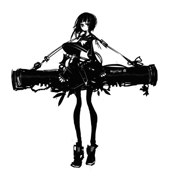Anime picture 1962x2000 with kiku (kicdoc) single tall image highres black hair simple background white background long sleeves black eyes legs monochrome girl