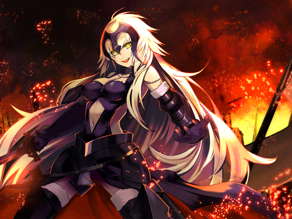 Anime picture 2720x2040 with fate (series) fate/grand order fate/apocrypha jeanne d'arc (fate) (all) jeanne d'arc alter (fate) jeanne d'arc alter (avenger) (third ascension) (fate) nirai kanai single long hair looking at viewer highres open mouth light erotic blonde hair smile holding yellow eyes payot ahoge head tilt
