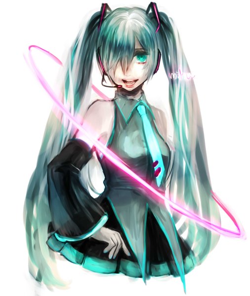 Anime picture 1181x1400 with vocaloid hatsune miku totsu hon (artist) single long hair tall image fringe open mouth white background twintails bare shoulders aqua eyes hair over one eye aqua hair girl skirt detached sleeves necktie