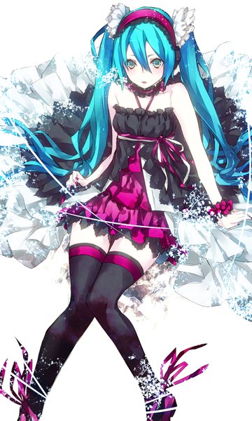 Anime picture 1000x1667 with 7th dragon vocaloid hatsune miku mochi (kokologic) single long hair tall image blush sitting bare shoulders aqua eyes aqua hair zettai ryouiki girl thighhighs dress ribbon (ribbons) black thighhighs frills headdress