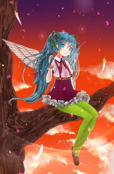 Anime picture 1250x1900 with vocaloid hatsune miku gotoh510 single long hair tall image looking at viewer blue eyes sitting twintails blue hair girl dress flower (flowers) petals wings